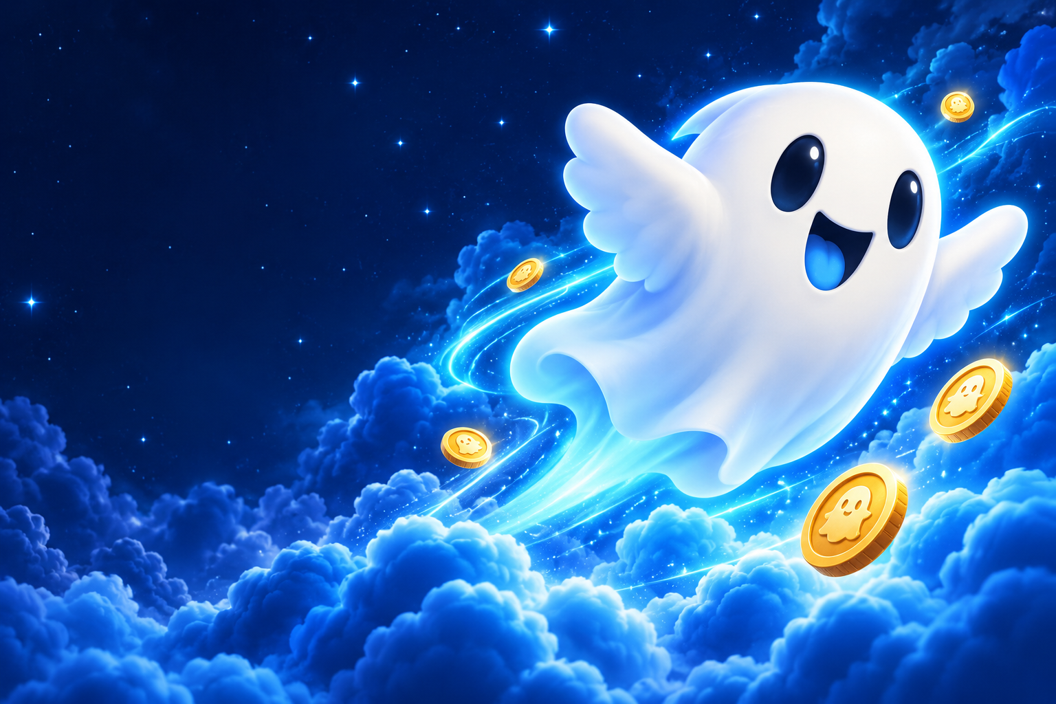 A smiling white ghost soaring through blue clouds and a starry night